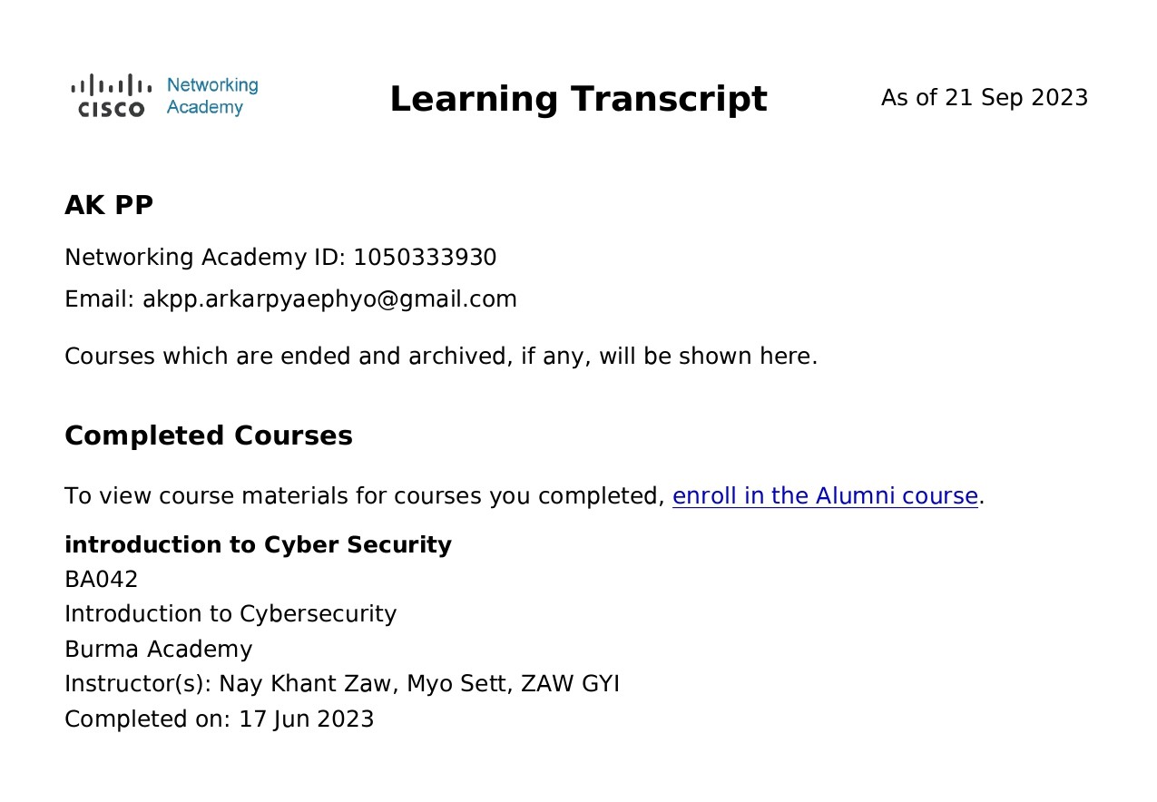 Cisco Introduction to Cyber Security certificate